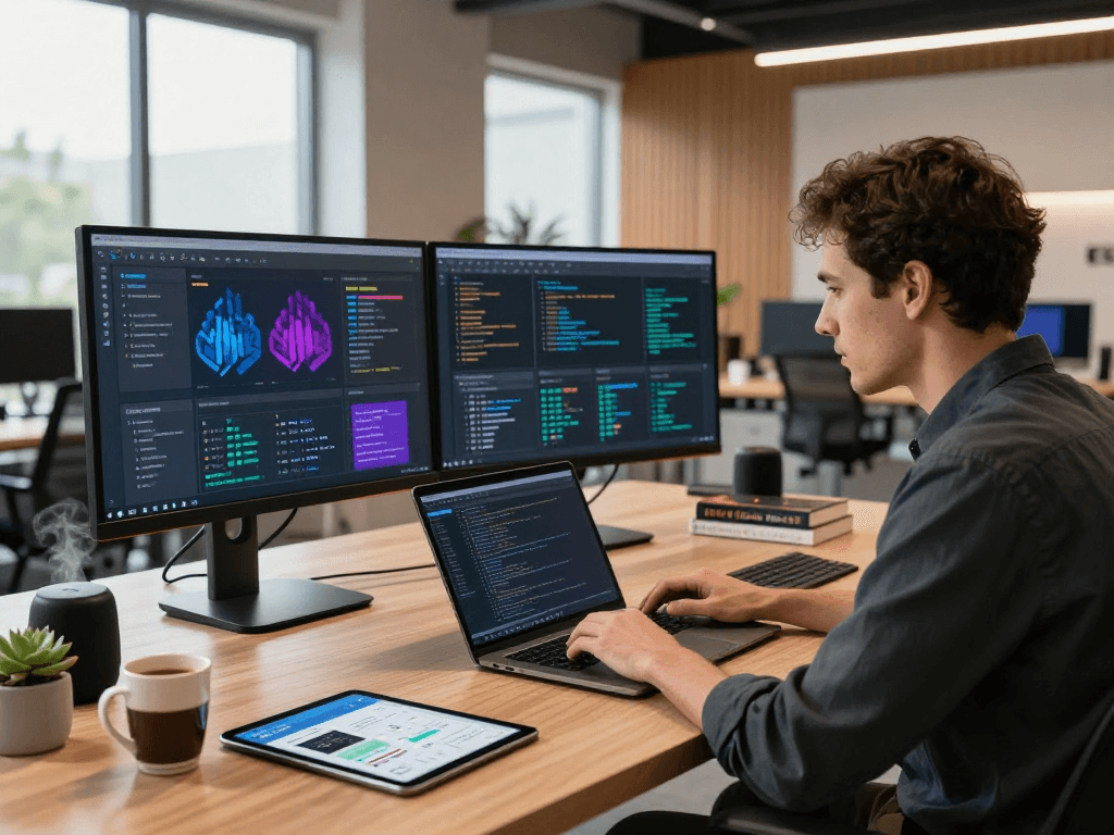 Developer coding on dual monitors in a modern workspace, showcasing hot ai technology in action
