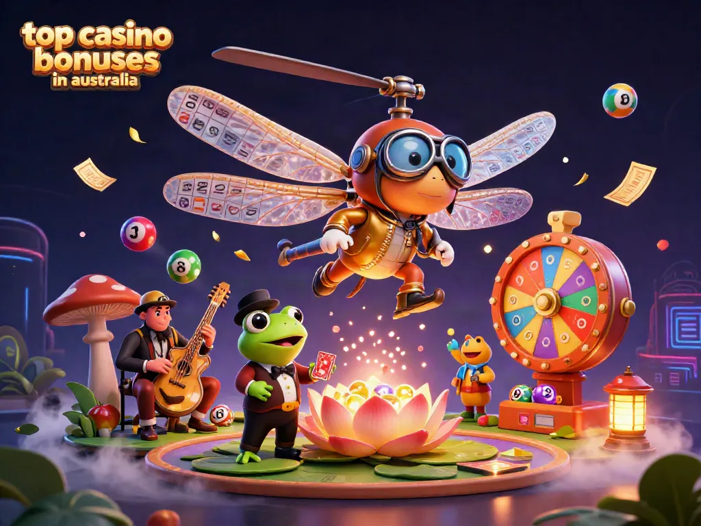 Experience the excitement of top casino bonuses in australia with vibrant 3D illustration showcasing unique gaming elements.