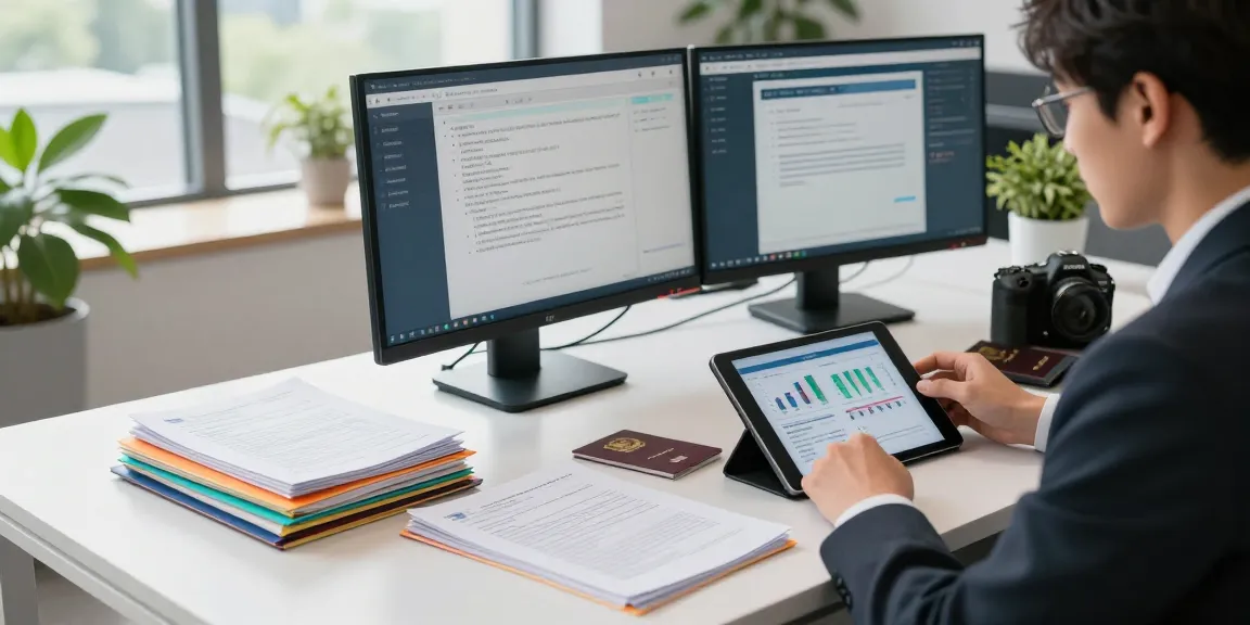 Engaging workspace for document fraud detection analysis featuring dual monitors and identity documents.