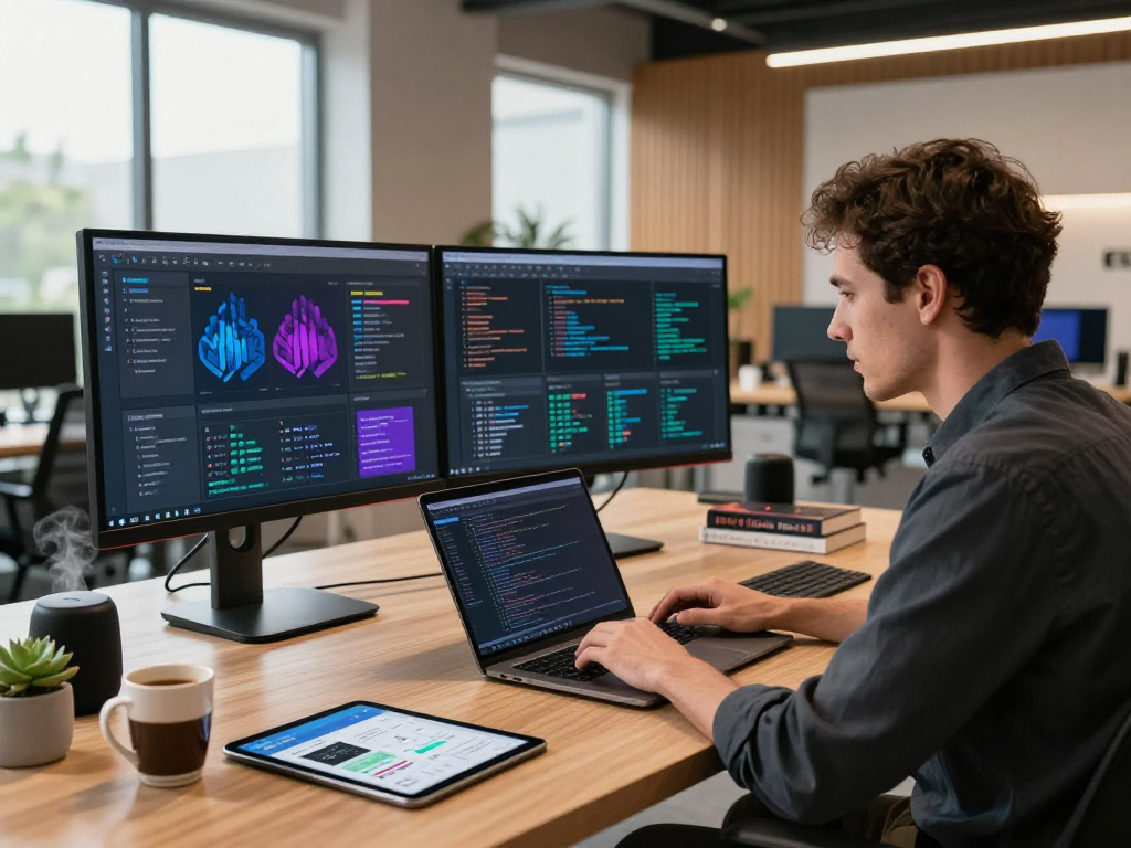 Developer coding on dual monitors in a modern workspace, showcasing hot ai technology in action