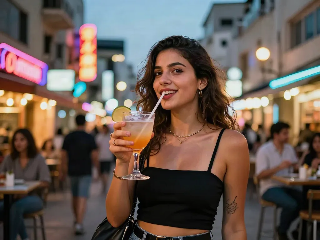 Stylish woman enjoying nightlife in Rishon Lezion with vibrant surroundings featuring נערות ליווי בראשון לציון.