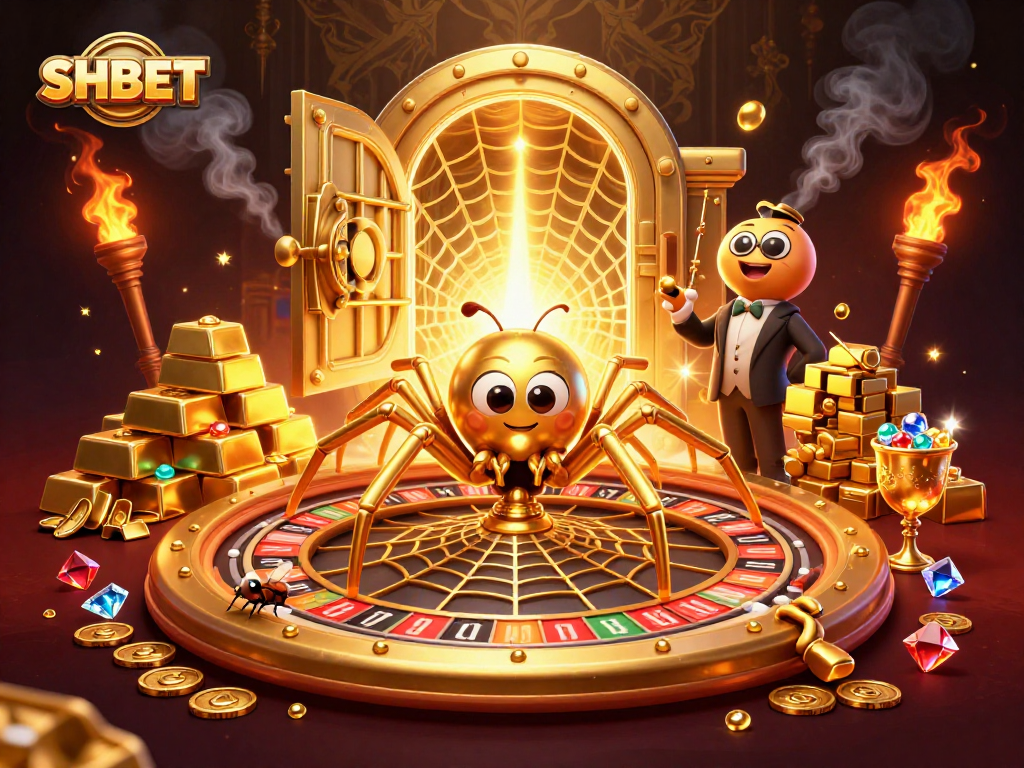 Join the action with SHBET's golden spider and centipede croupier in a vibrant casino scene.