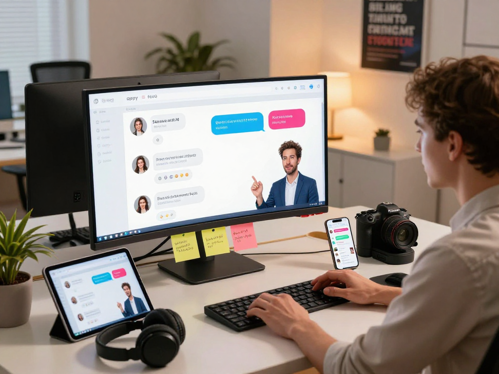 User engaging with spicy AI chat in a modern digital workspace with vibrant chat bubbles and devices.