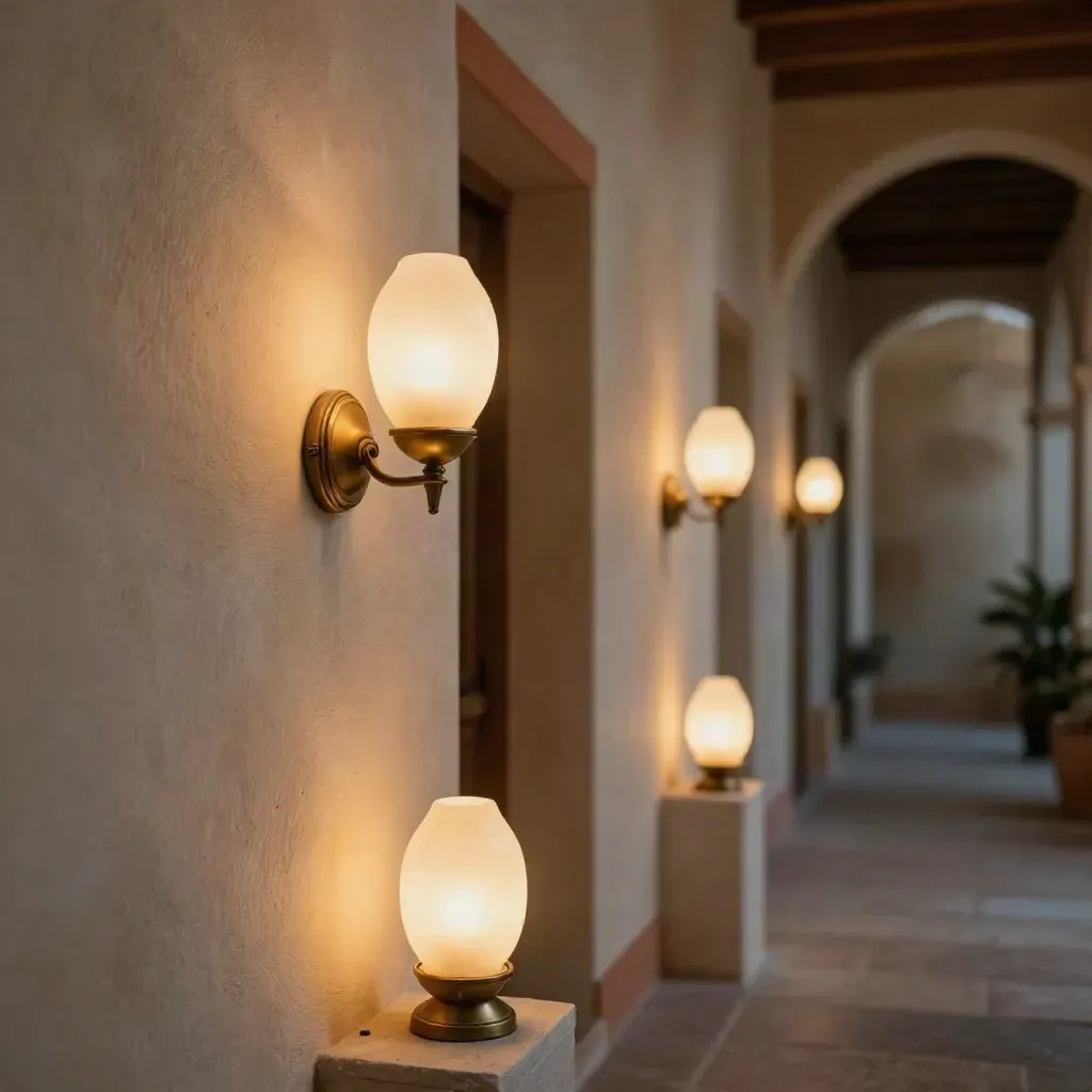Lampade domestiche accese al crepuscolo in un corridoio leccese, con polvere sospesa e luce calda