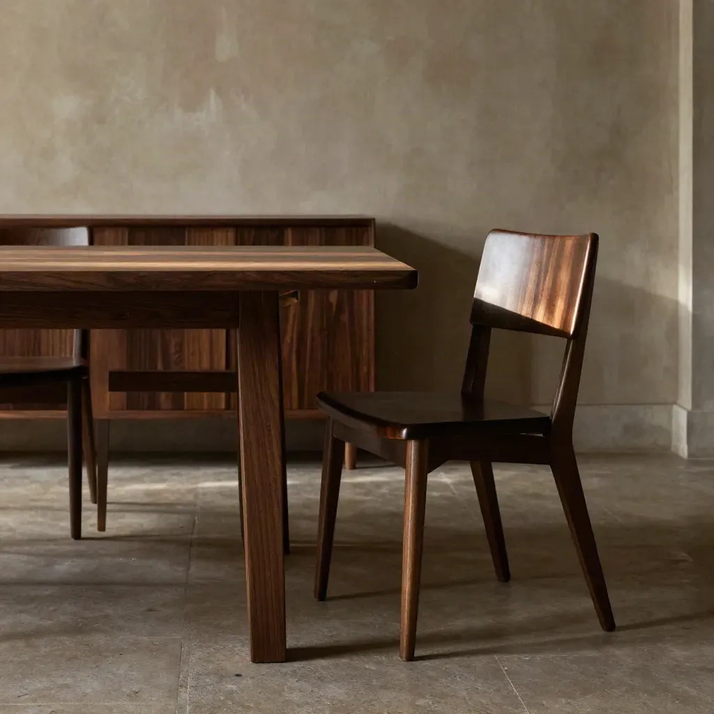 Set da pranzo in noce scuro con credenza bassa e luce radente in interno silenzioso