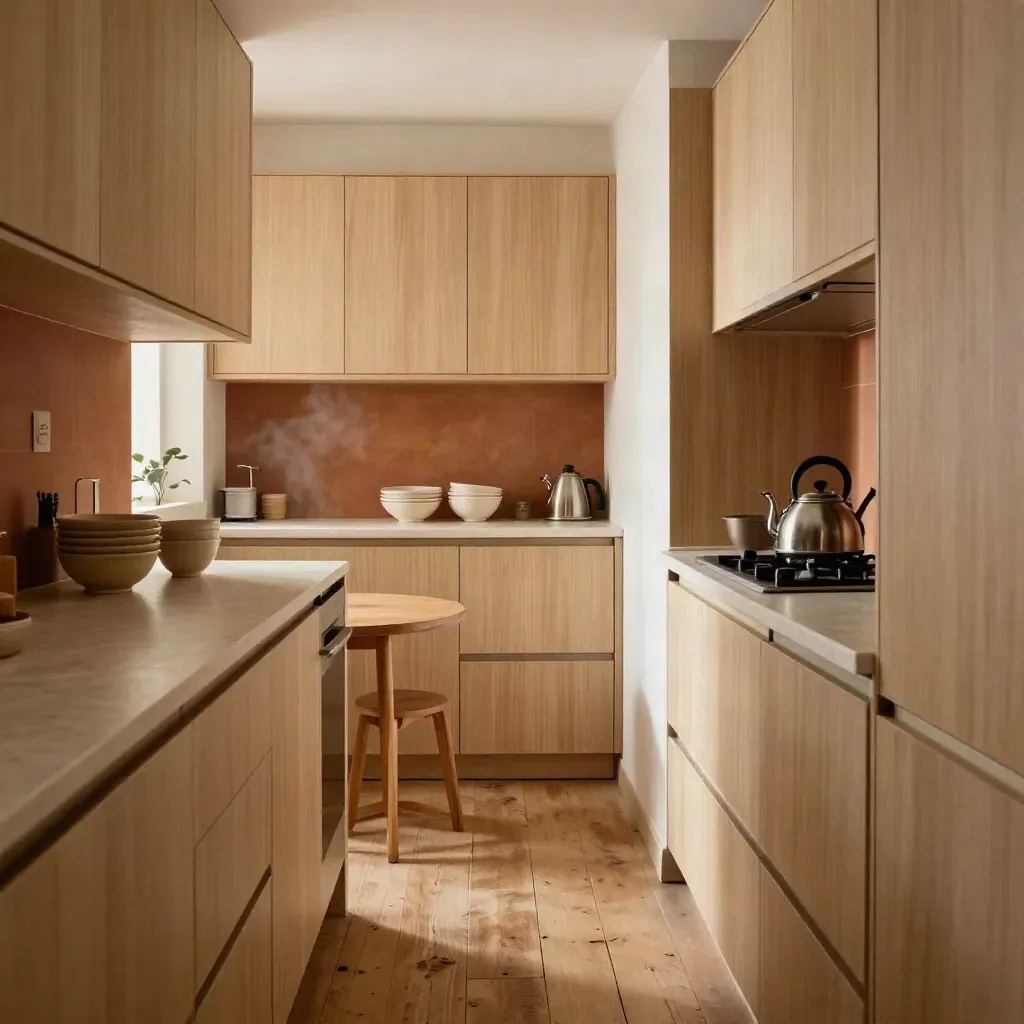 Cucina stretta a corridoio con tavolino tondo, piano sottile e luce calda del pomeriggio.