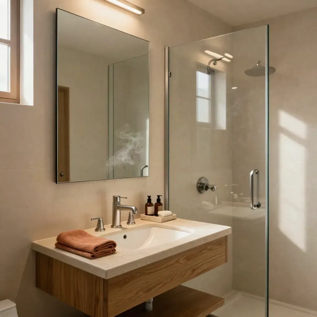 Bagno piccolo con mobile sospeso, specchio largo, box doccia essenziale e luce calda con vapore lieve.