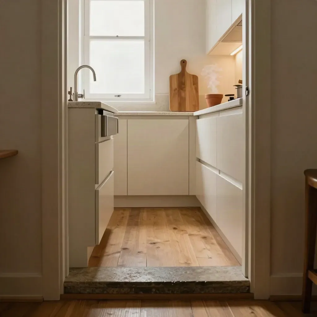 Cucina stretta vista dalla soglia, con vapore, lavello compatto e luce calda sul passaggio.