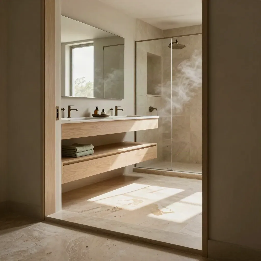 Bagno ordinato con mobile basso, specchio largo e luce del mattino sul pavimento in pietra.