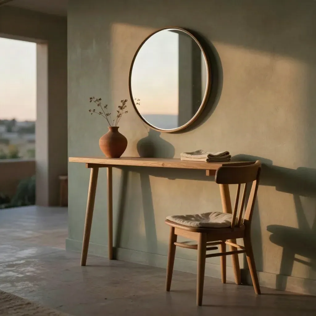 Ingresso con parete salvia, consolle sottile e sedia in luce calda al tramonto.