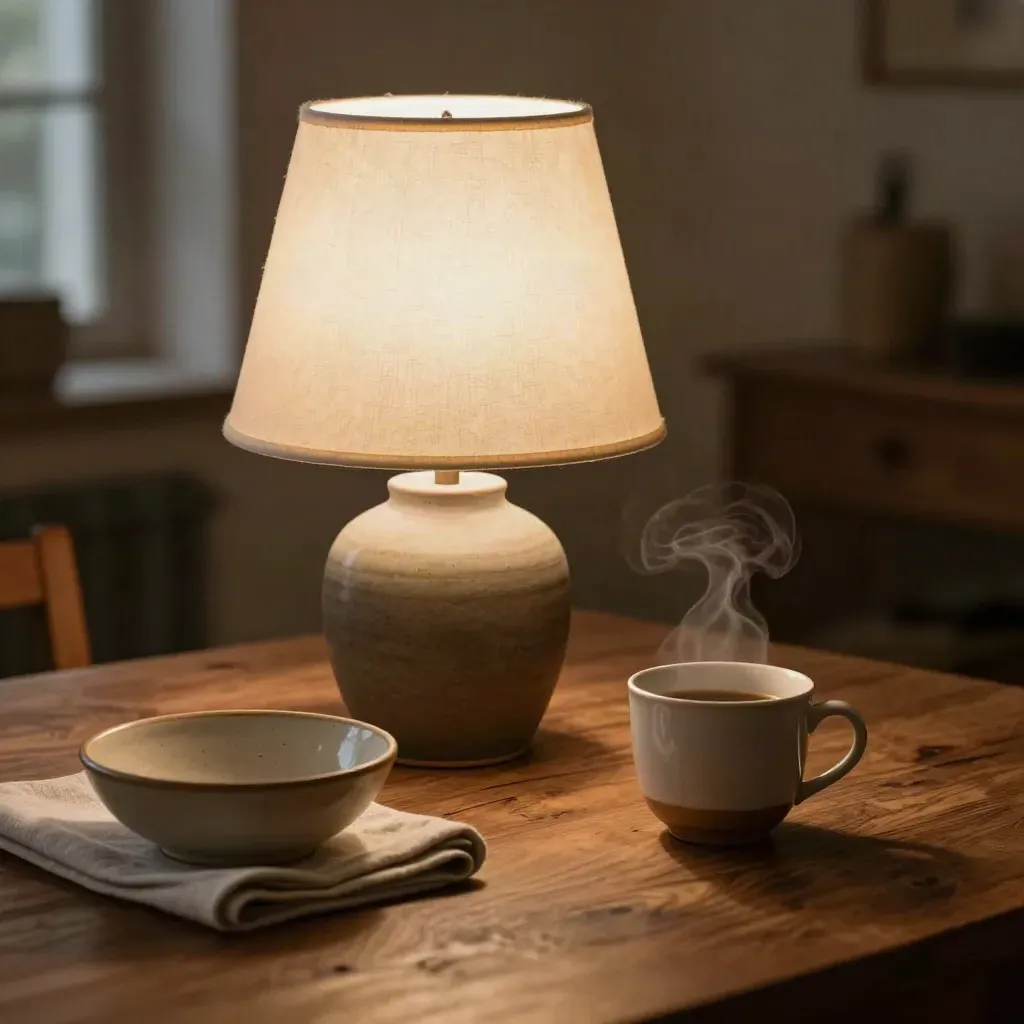 Lampada da tavolo accanto a ciotola, tovagliolo e tazza su tavolo in legno