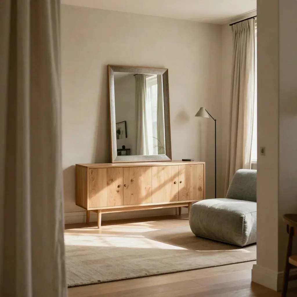 Interno in affitto curato con specchio grande, tenda neutra e arredi mobili in luce calda.