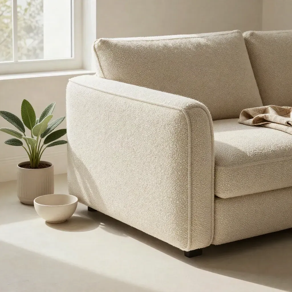 Modulo divano bouclé con pianta, plaid e ciotola su sfondo chiaro, luce soffusa