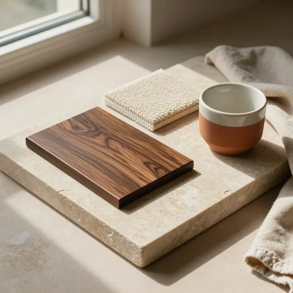 Campioni di finiture su vassoio in pietra: legno scuro, bouclé, pietra chiara e ceramica terracotta