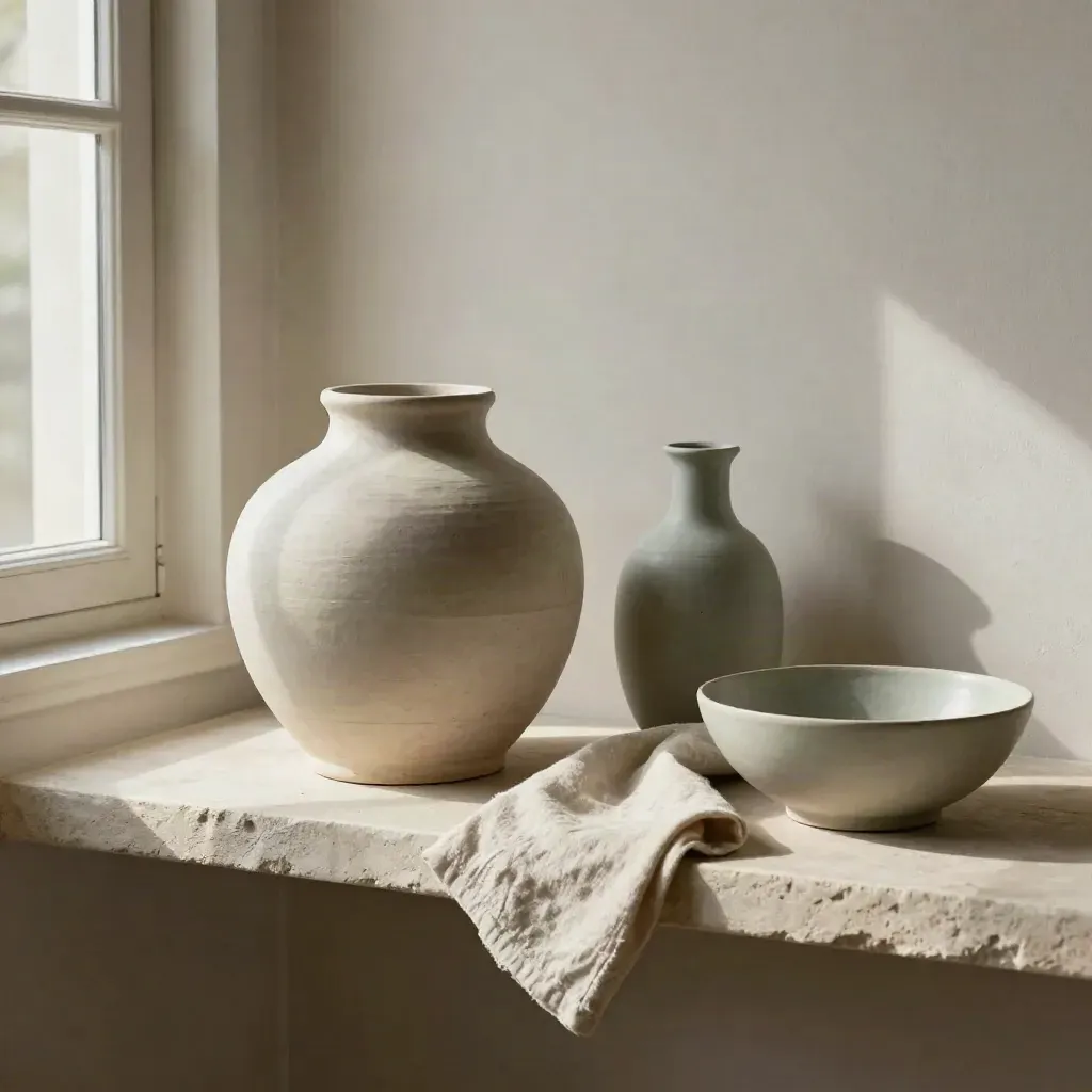 Ceramica scolpita, vaso salvia, lino piegato e ciotola su ripiano in pietra chiara.