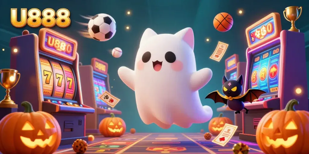 U888 enhances casino gaming with a vibrant illustration of a friendly ghost cat and a bat amid slots and sporting elements.
