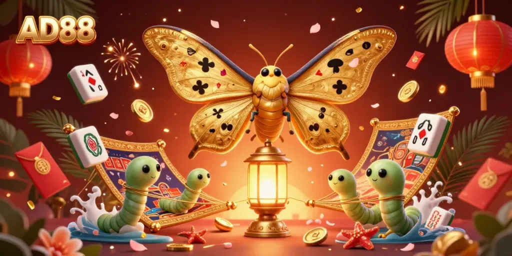 Experience the thrill of AD88 with an enchanting 3D casino scene featuring a majestic atlas moth and vibrant gaming elements.