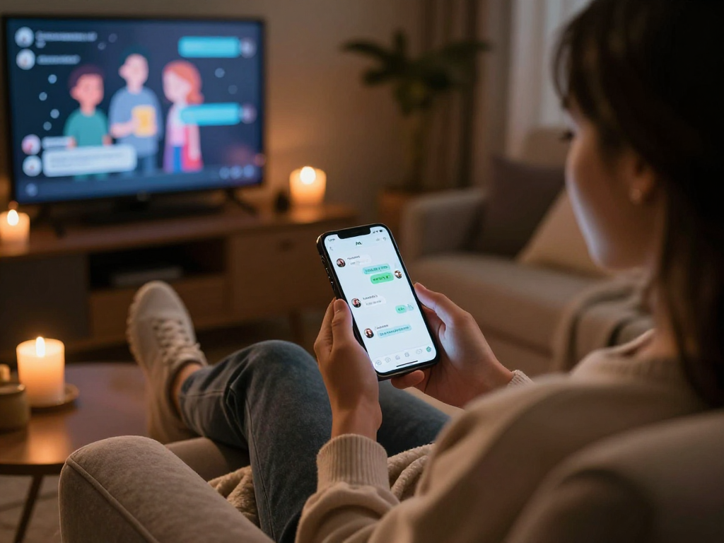 Engaging sex chat ai experience in cozy room setting with smartphone and animated characters.