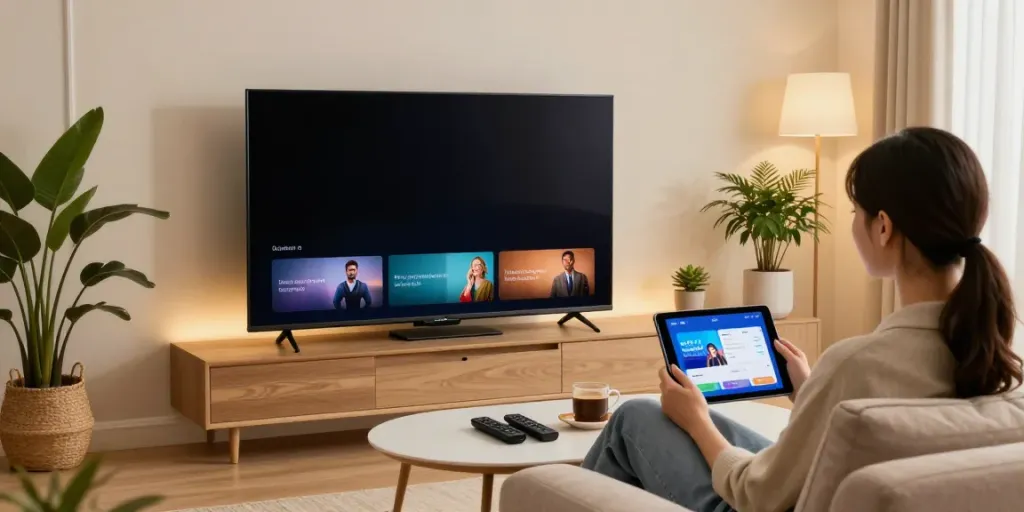Test IPTV on a smart TV in a cozy living room, showcasing vibrant content streaming.